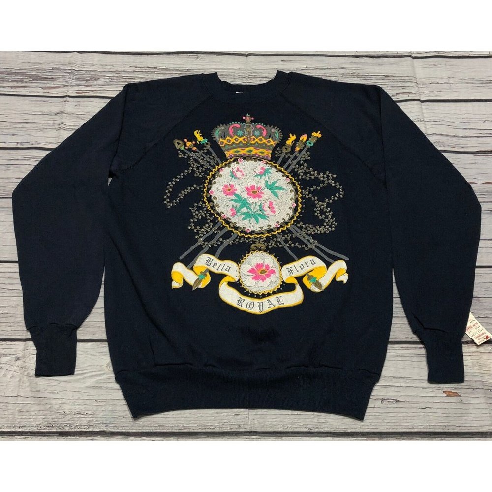 VTG Crown Flowers Sweatshirt Women's XL Puff Paint Print Blue Pullover USA Nos